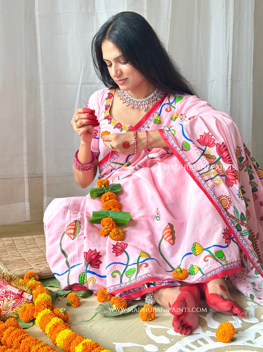 Madhushravani Pink Bridal Hand-painted Madhubani Painting Cotton Saree