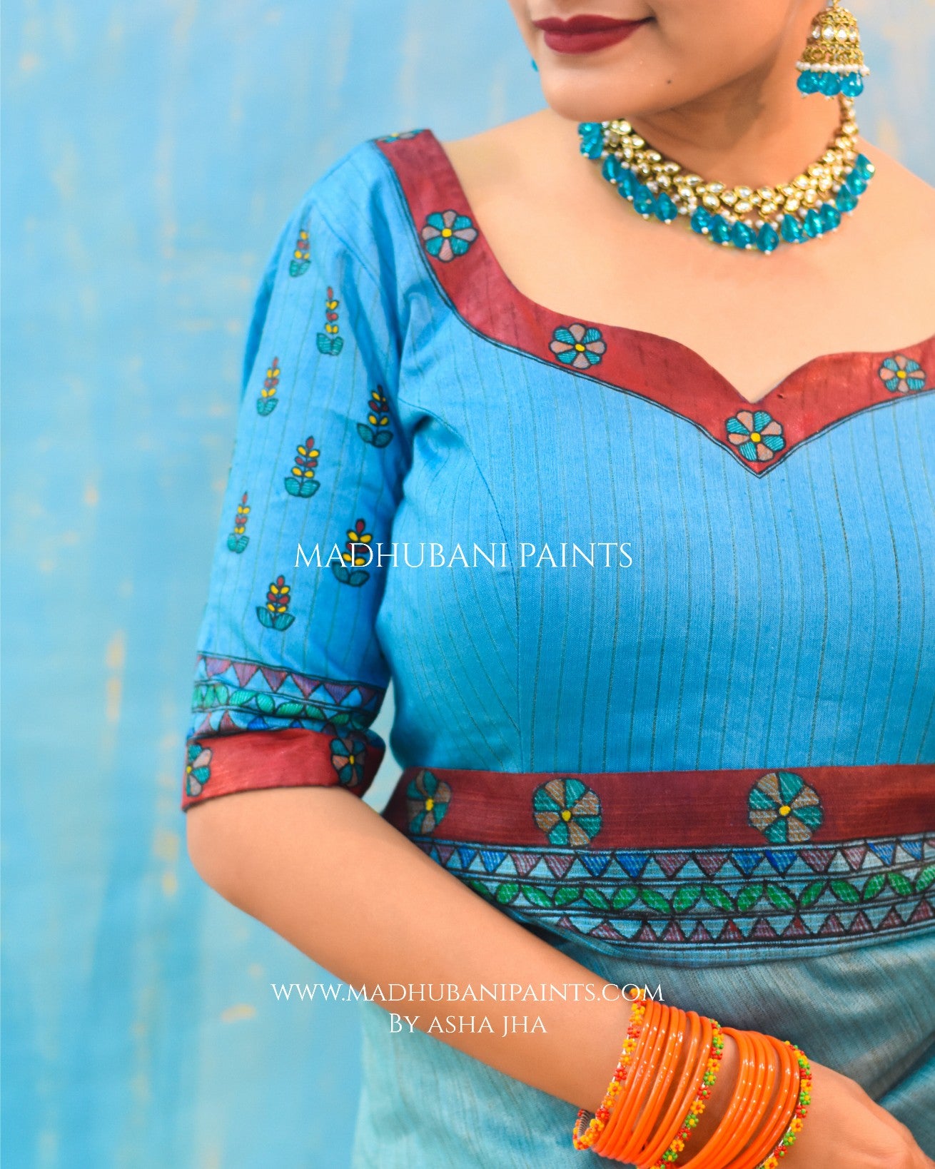 AASMANI MAYURI Handpainted Madhubani Chanderi Saree Blouse Set