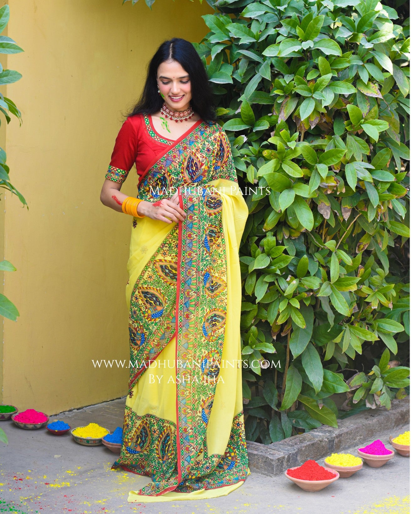 PHAGUA Handpainted Madhubani Georgette Saree Blouse Set