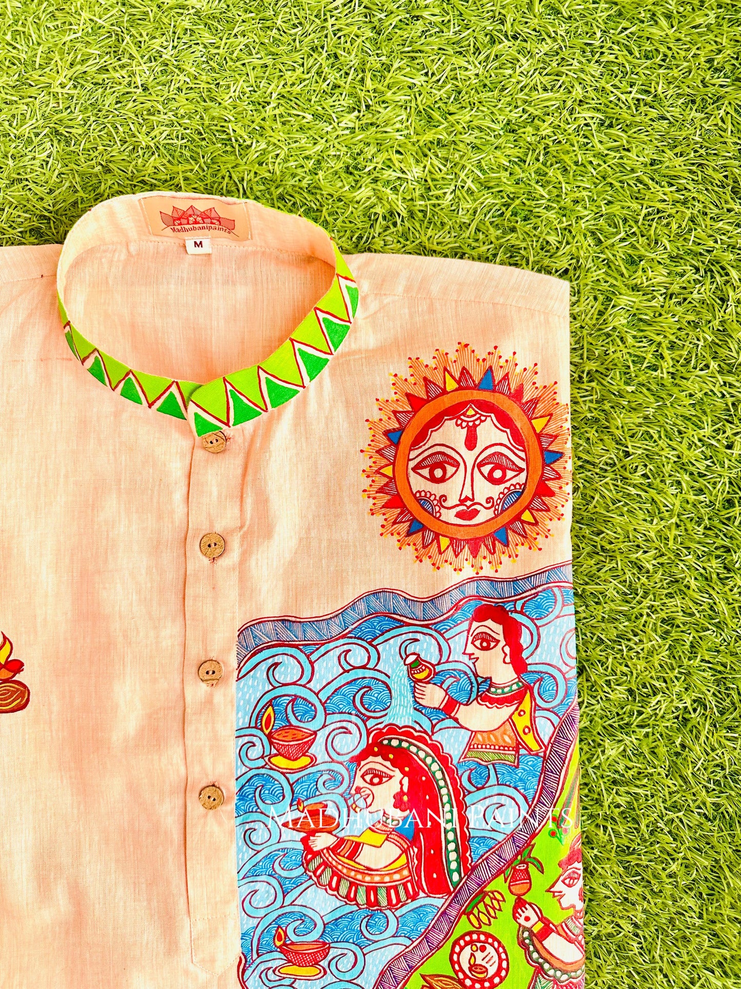 Peach Chhath Puja Hand-painted Madhubani Men's Cotton Kurta