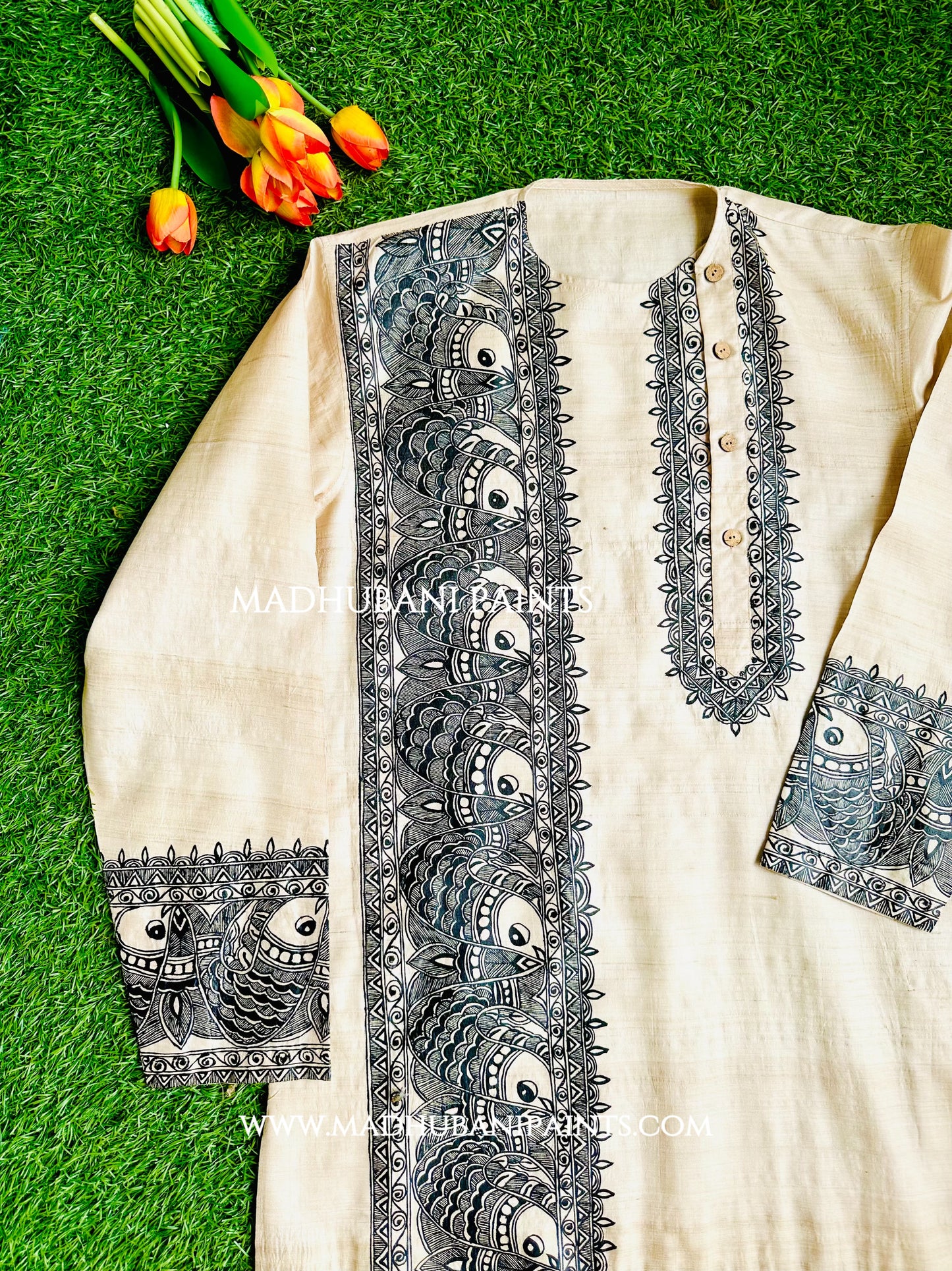 SURMAI SAMUNDAR Hand-painted Madhubani Men's Tussar Silk Kurta
