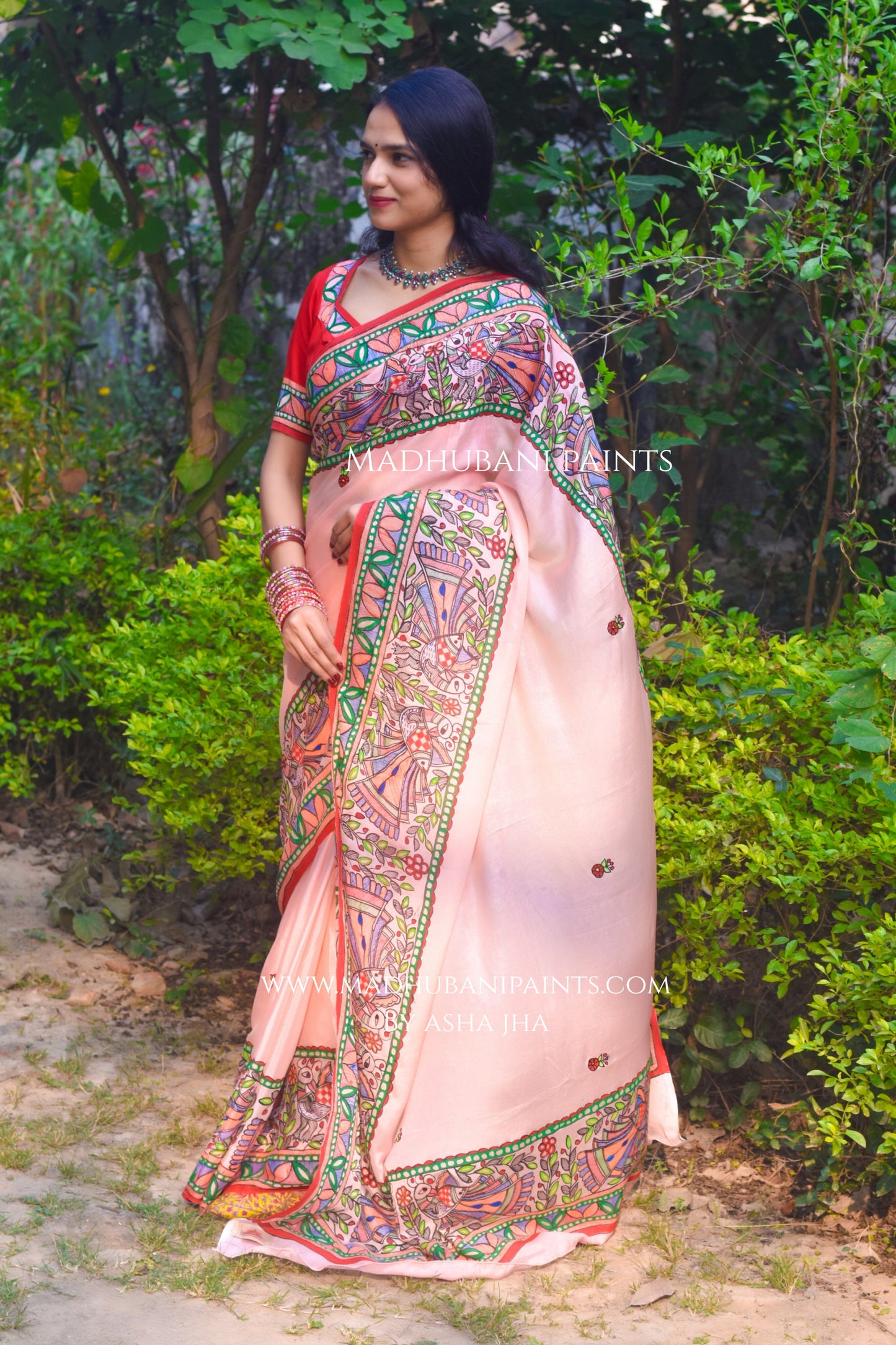 Gulabi Mor Hand-painted Madhubani Chiffon Saree Blouse Set