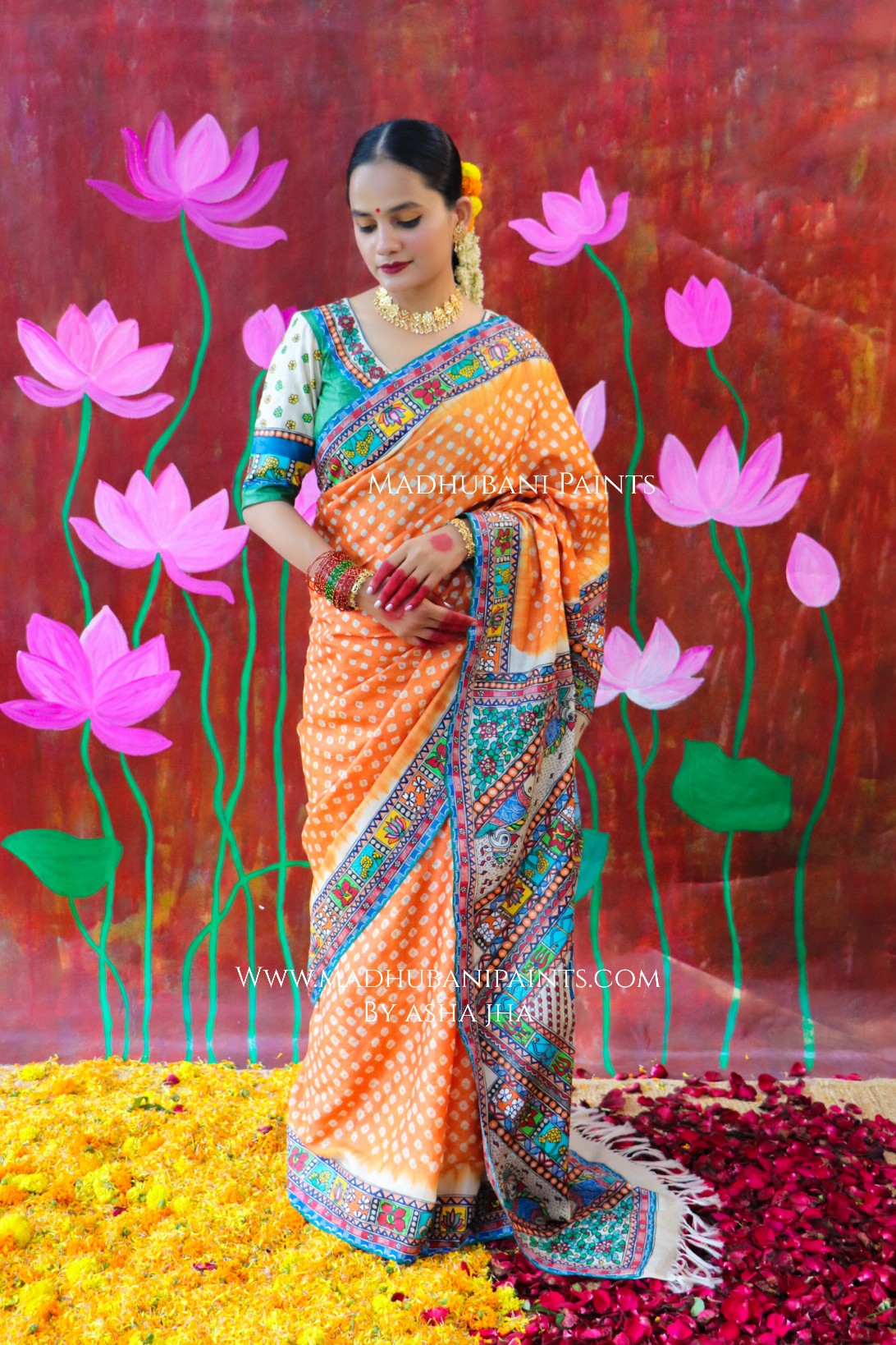 "BHARAT KA DUSSEHRA" Handpainted Madhubani Bandhini Tussar Silk Saree Blouse set