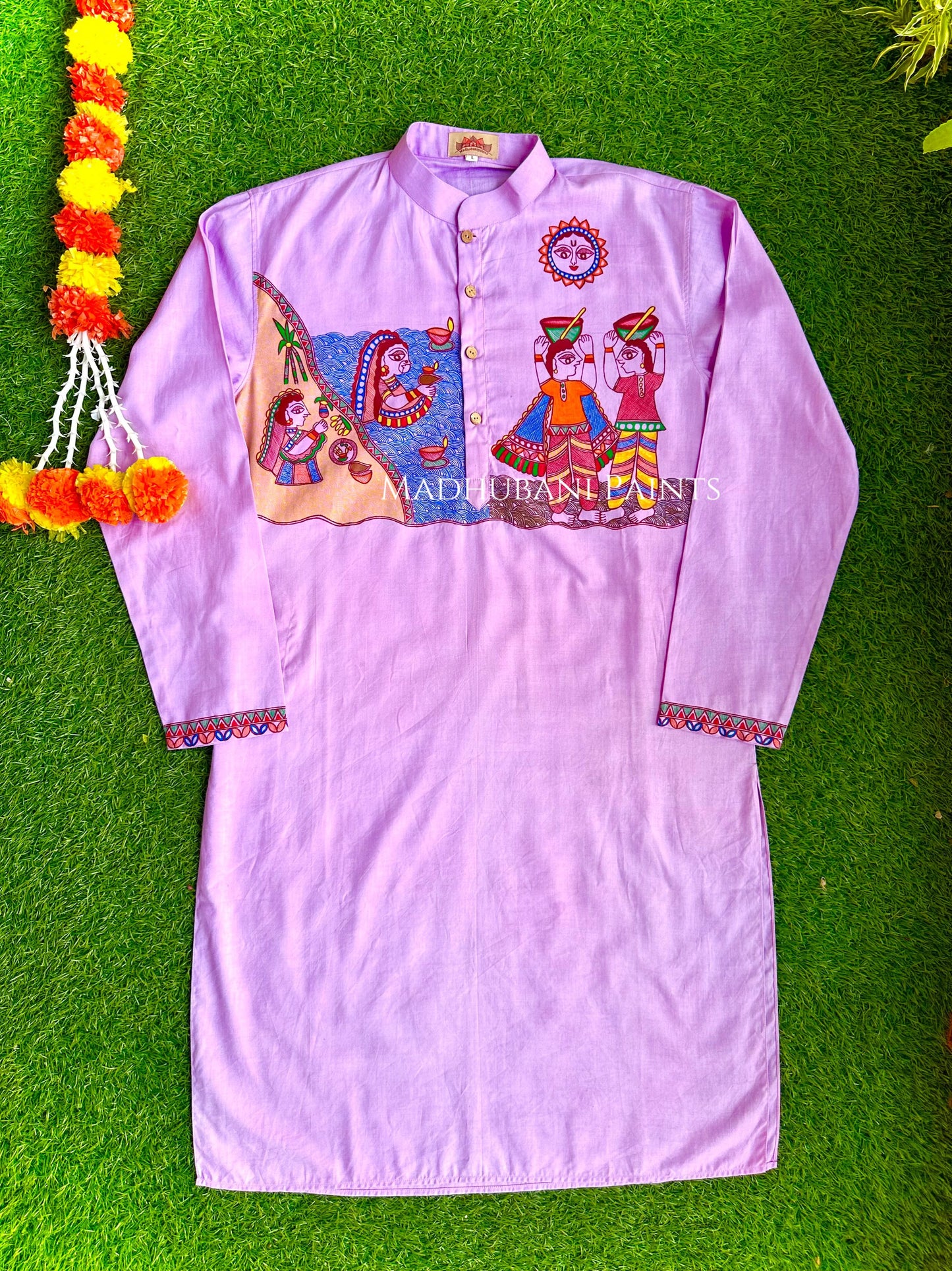 Purple Chhath Puja Hand-painted Madhubani Men's Cotton Kurta