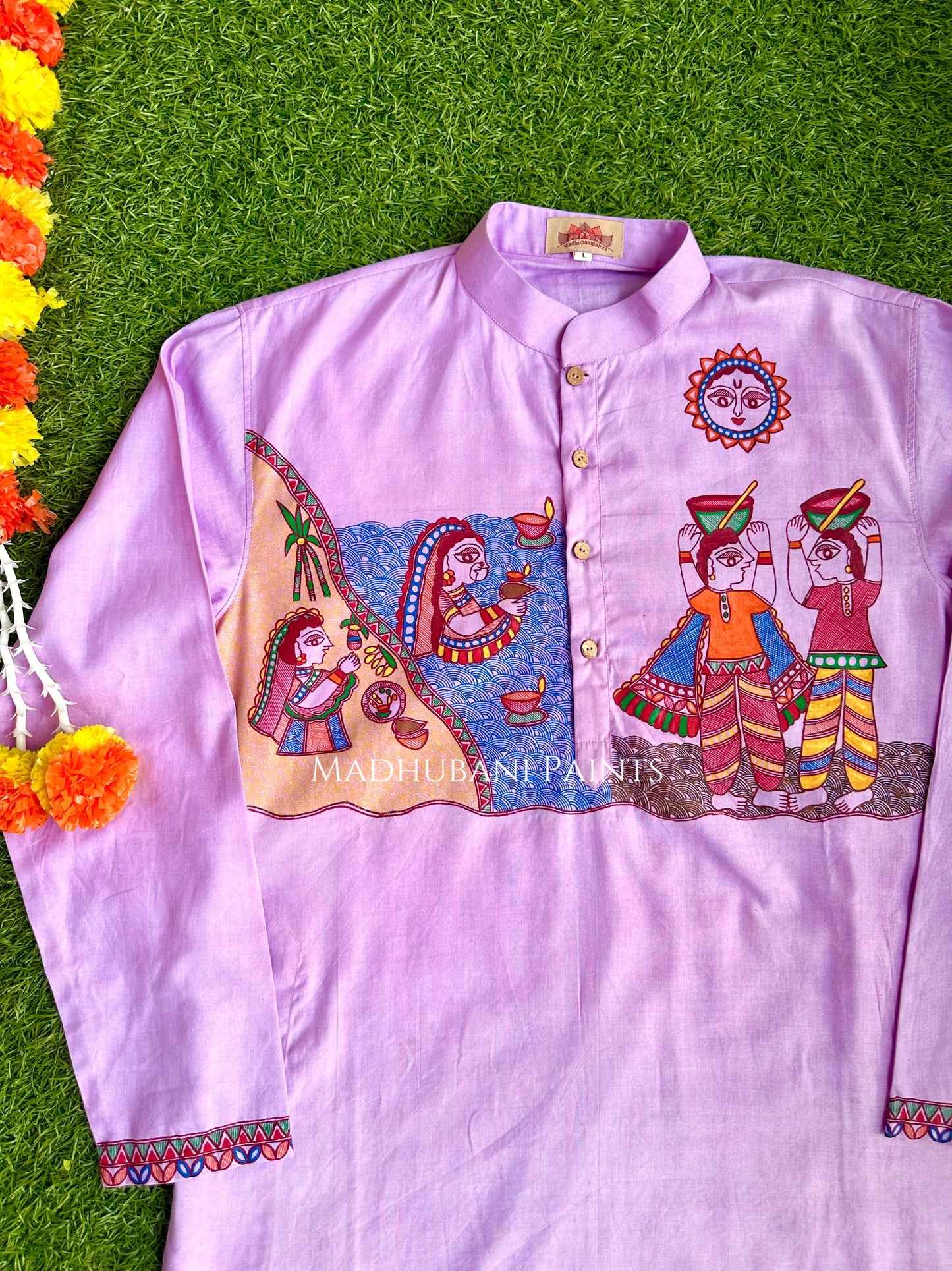 Purple Chhath Puja Hand-painted Madhubani Men's Cotton Kurta