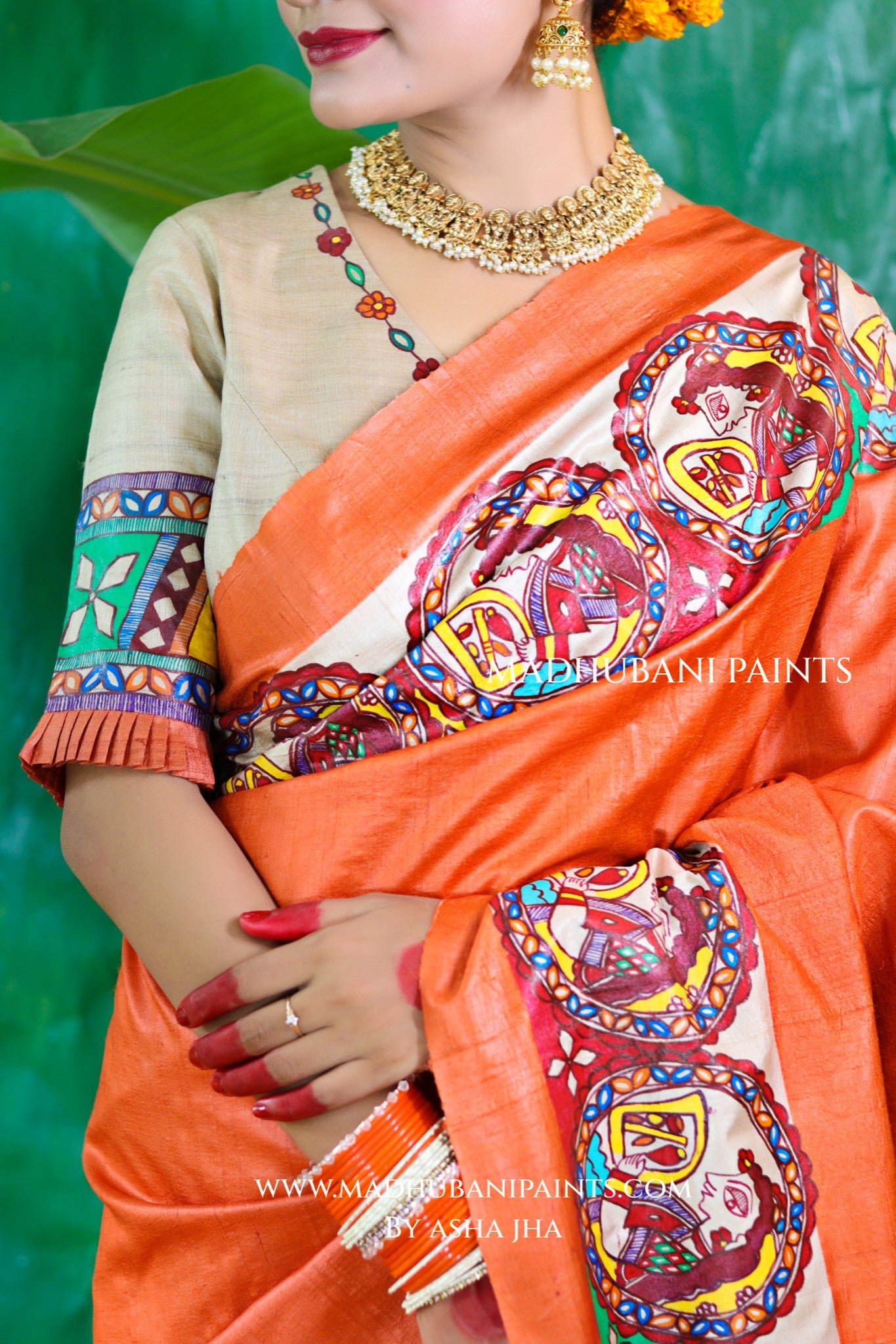 CHHATH PAWAN Handpainted Madhubani Tussar Silk Saree Blouse Set