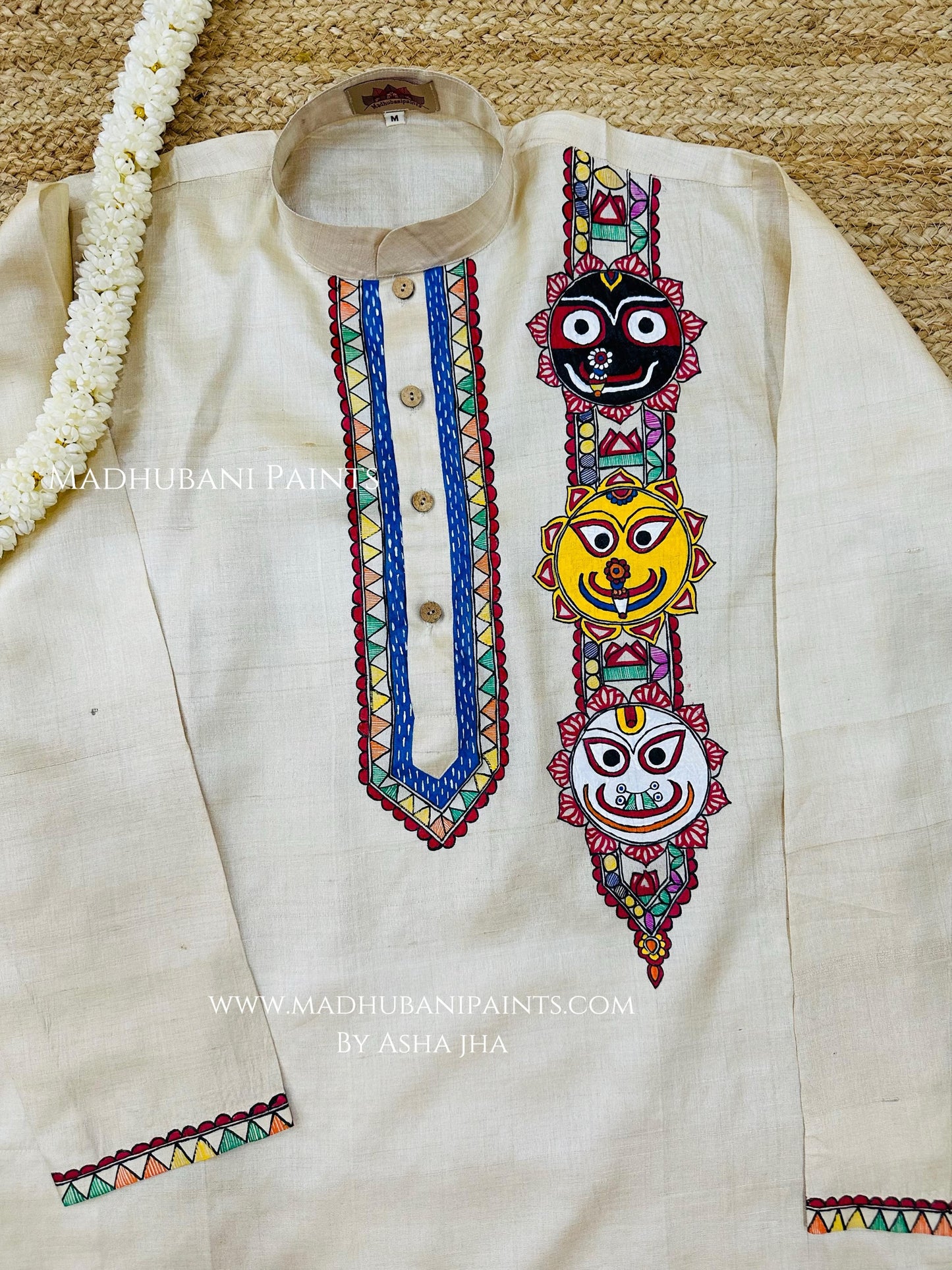 Lord Jagannatha, Subhadra and Balabhadra Hand-painted Madhubani Men's Tussar Silk Kurta