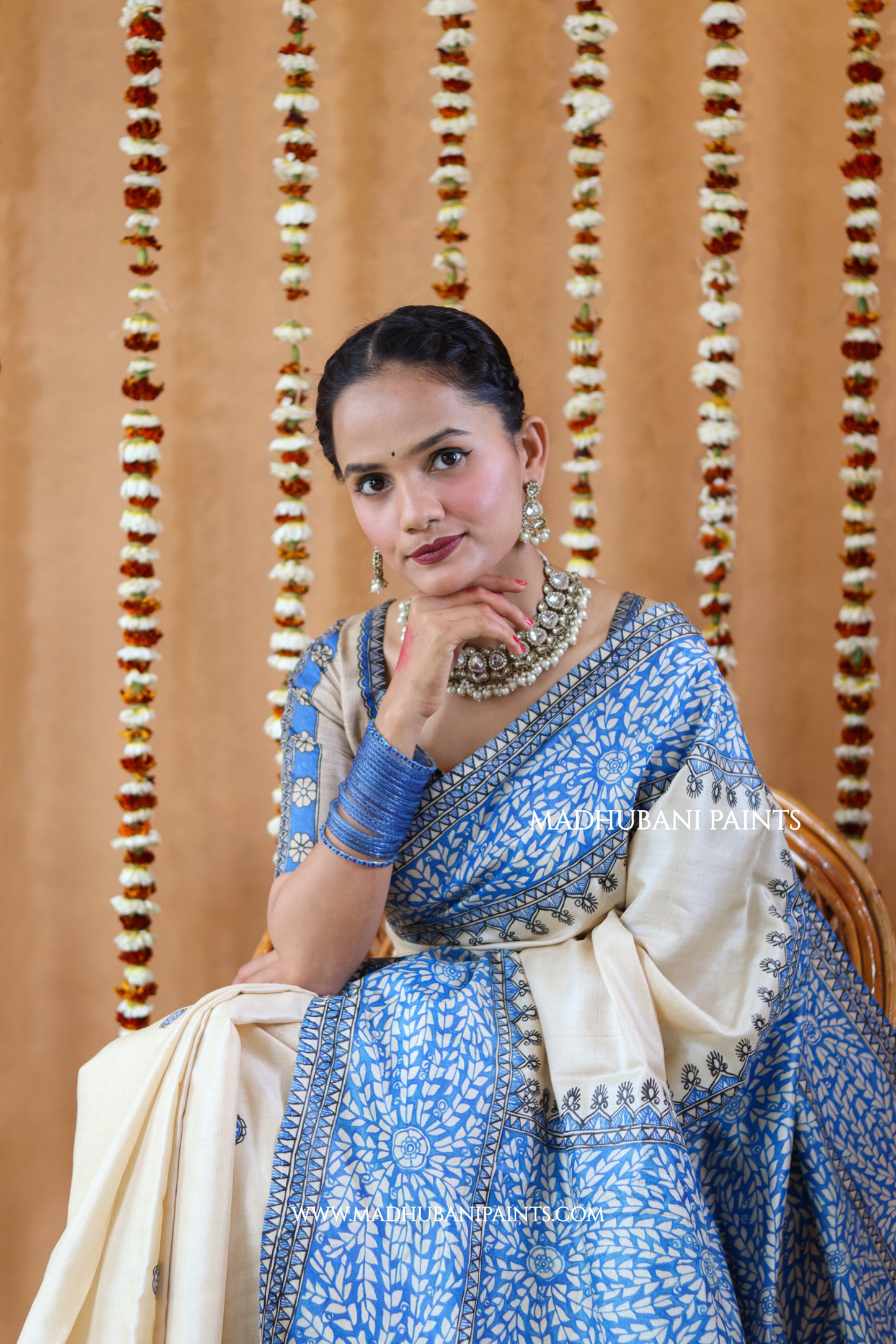 Blue Patta Handpainted Tussar Silk Saree