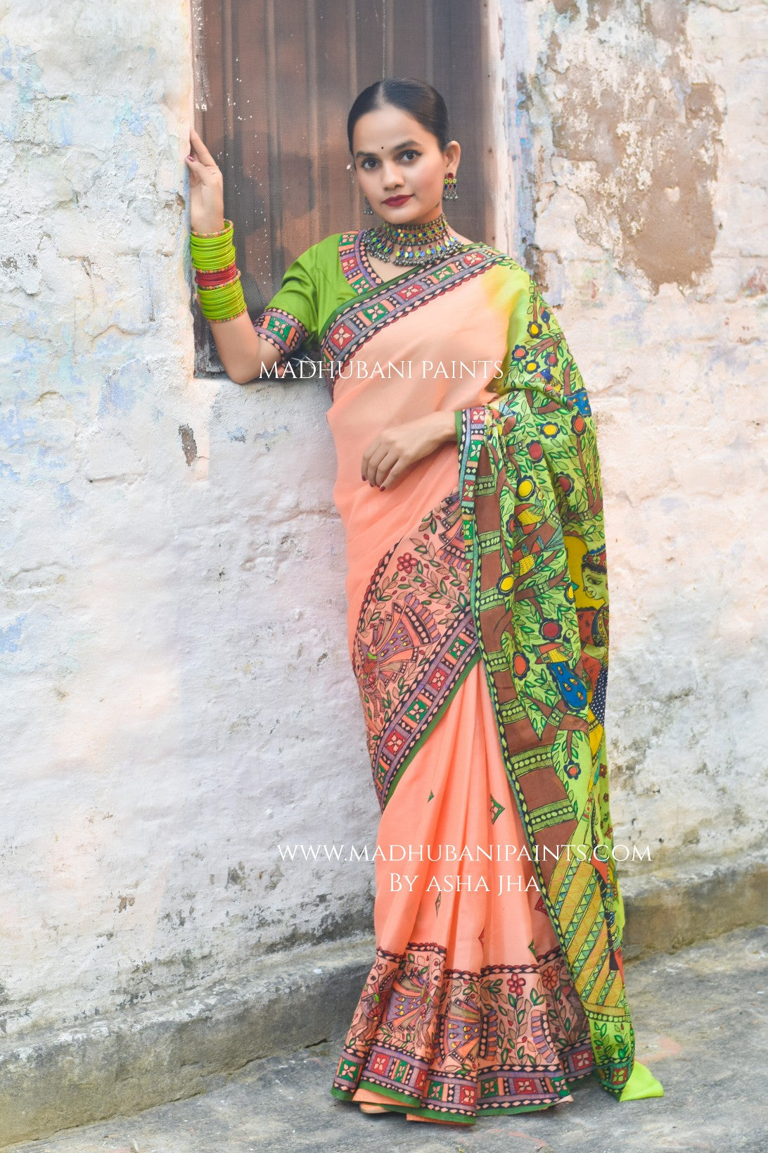 Radha Raman Prem Manjari Hand-painted Madhubani Chiffon Saree