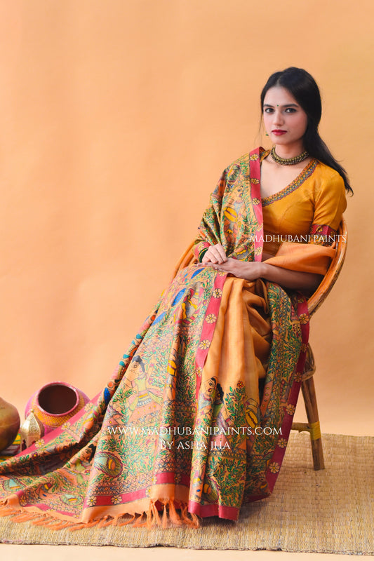 SAUBHAGYA Hand-painted Tussar Silk Saree blouse set