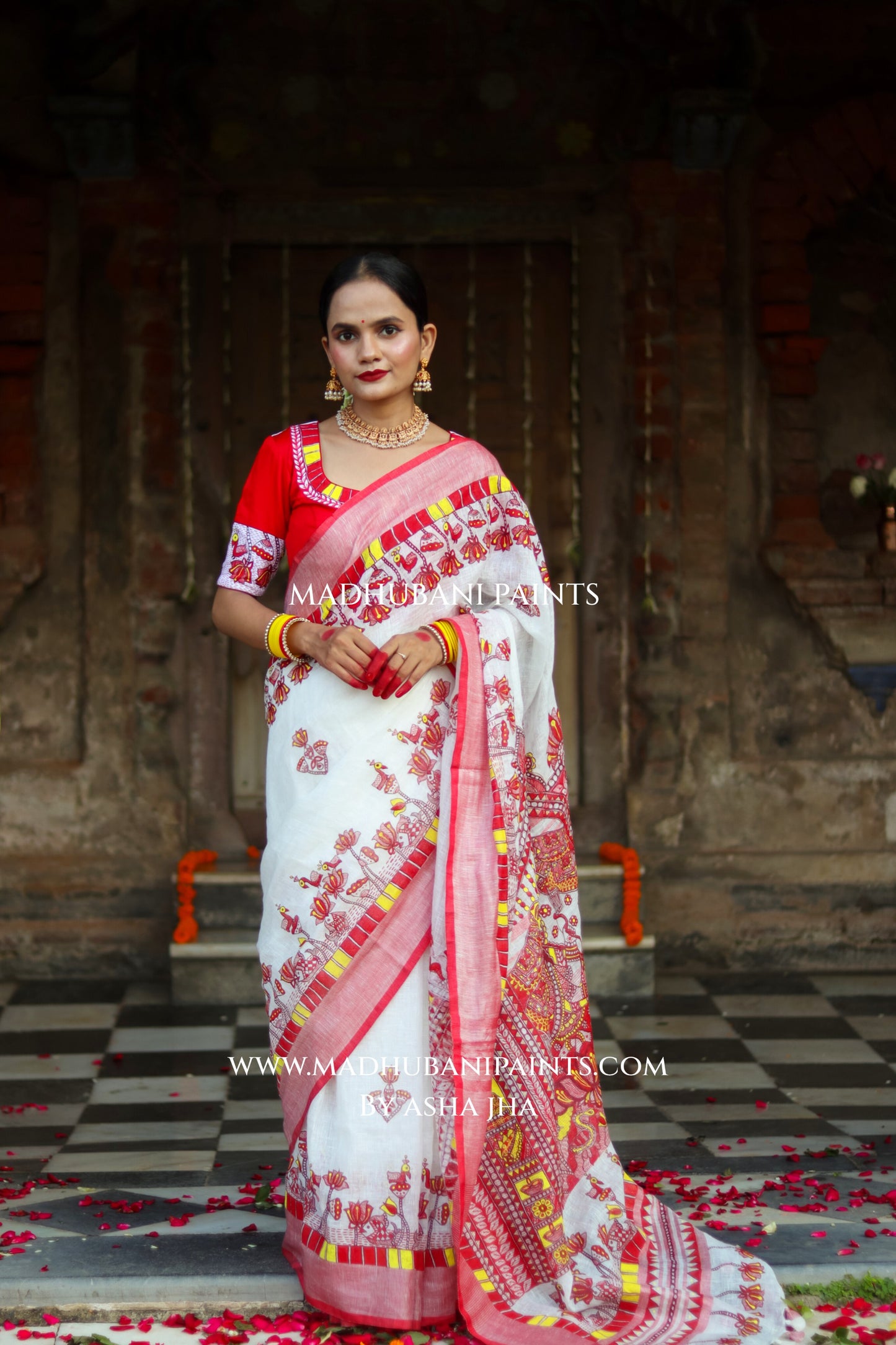 KAMLA Handpainted Linen Madhubani Saree Blouse Set