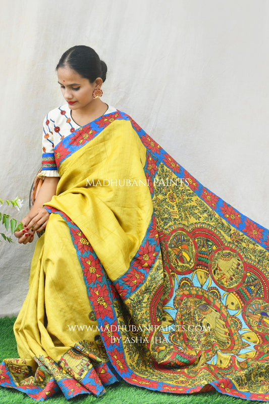 GAJANAND MATSYA' Handpainted Madhubani Tussar Silk Saree