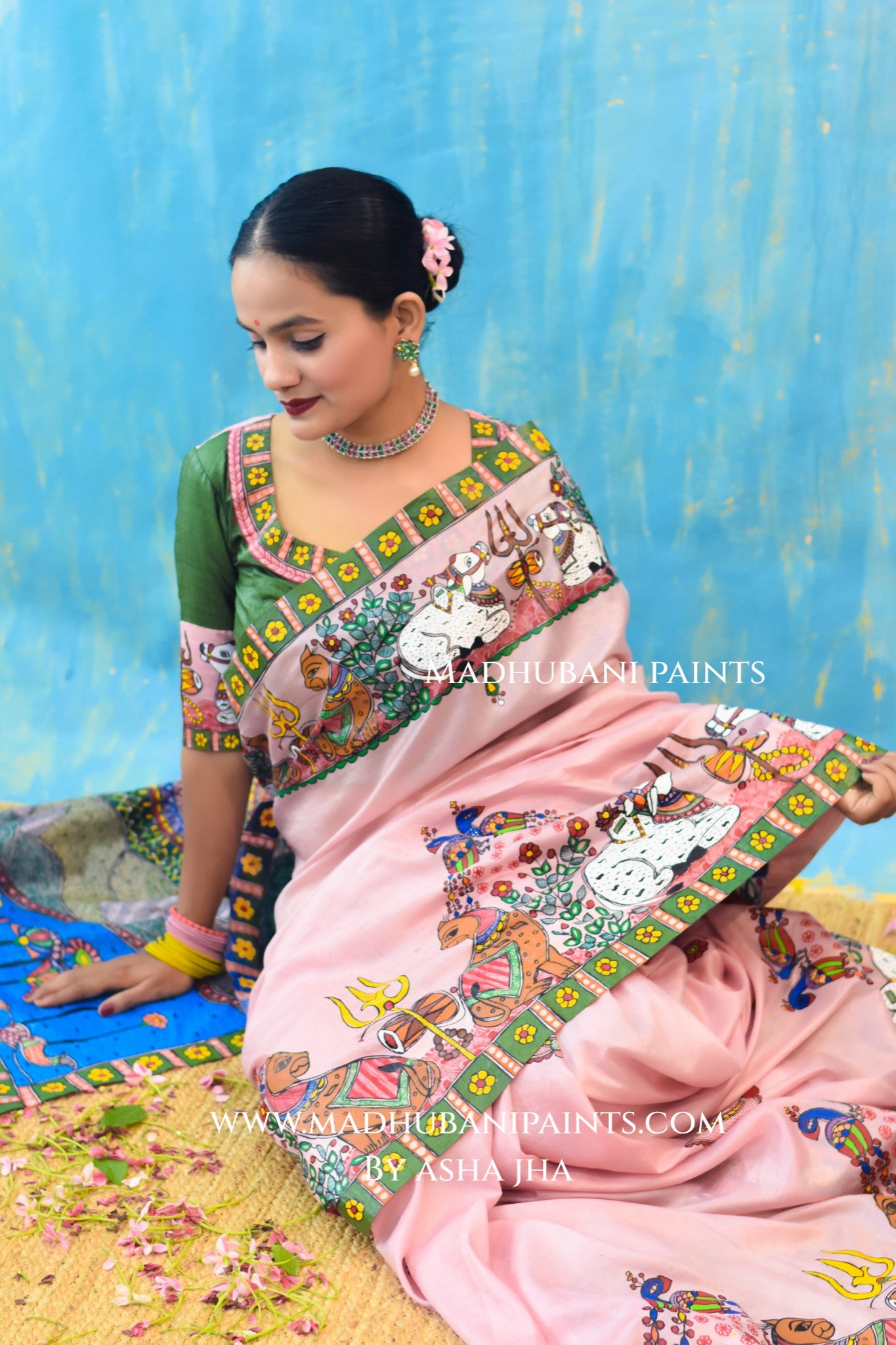 UMAMAHESHWAR ARDHNARISHWAR Hand-painted Madhubani Tussar Silk Saree Blouse Set