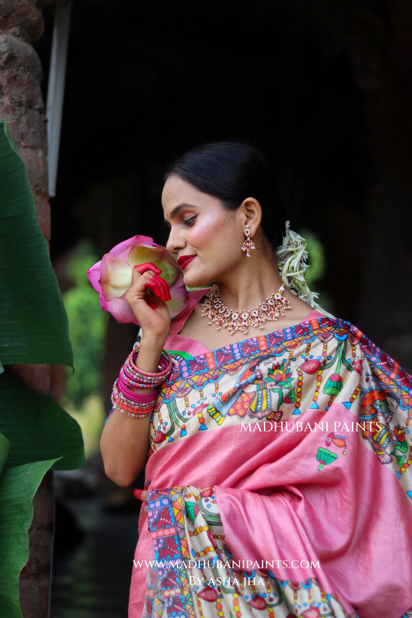 Durga Ji Ki Palki Handpainted Tussar Silk Madhubani Saree Blouse Set