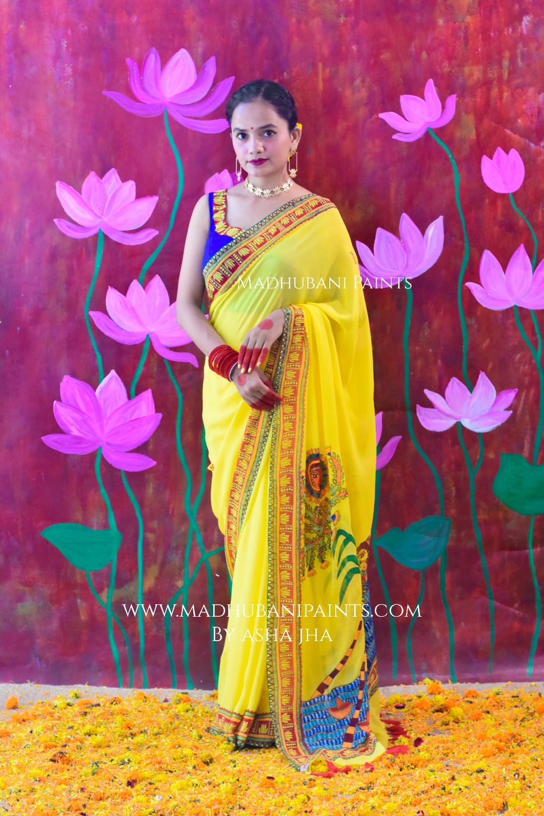 BHAKTI BHAVA Chhath Puja Hand painted Madhubani Georgette Saree Blouse Set