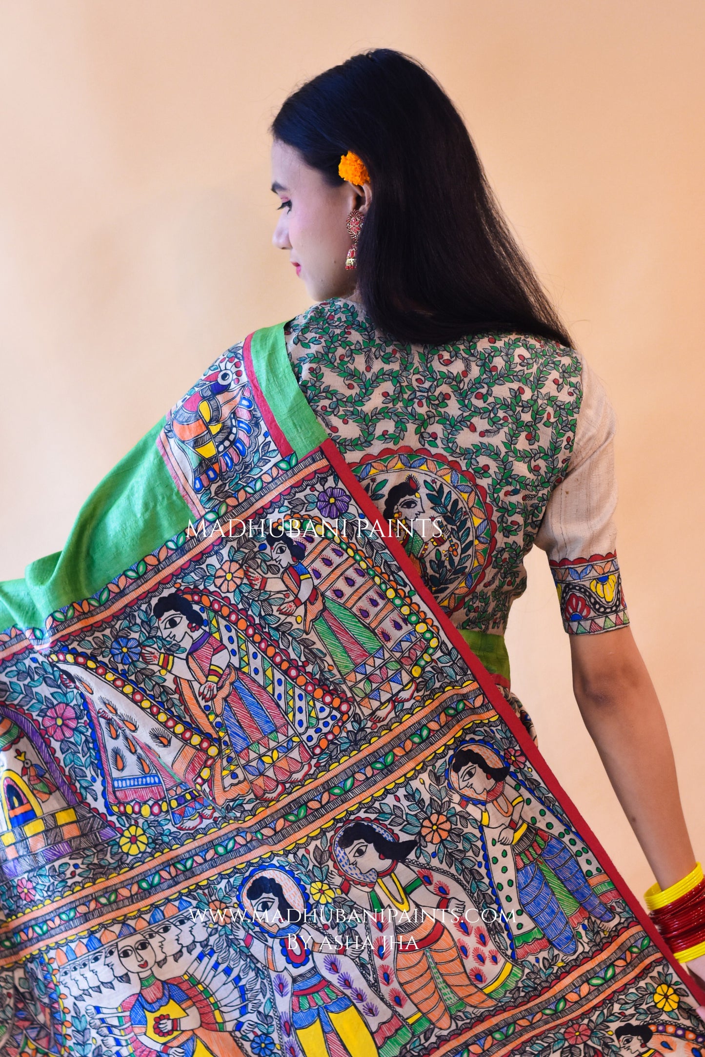 "Hariyali Ramayan" Hand-painted Madhubani Tussar Silk Saree Blouse Set