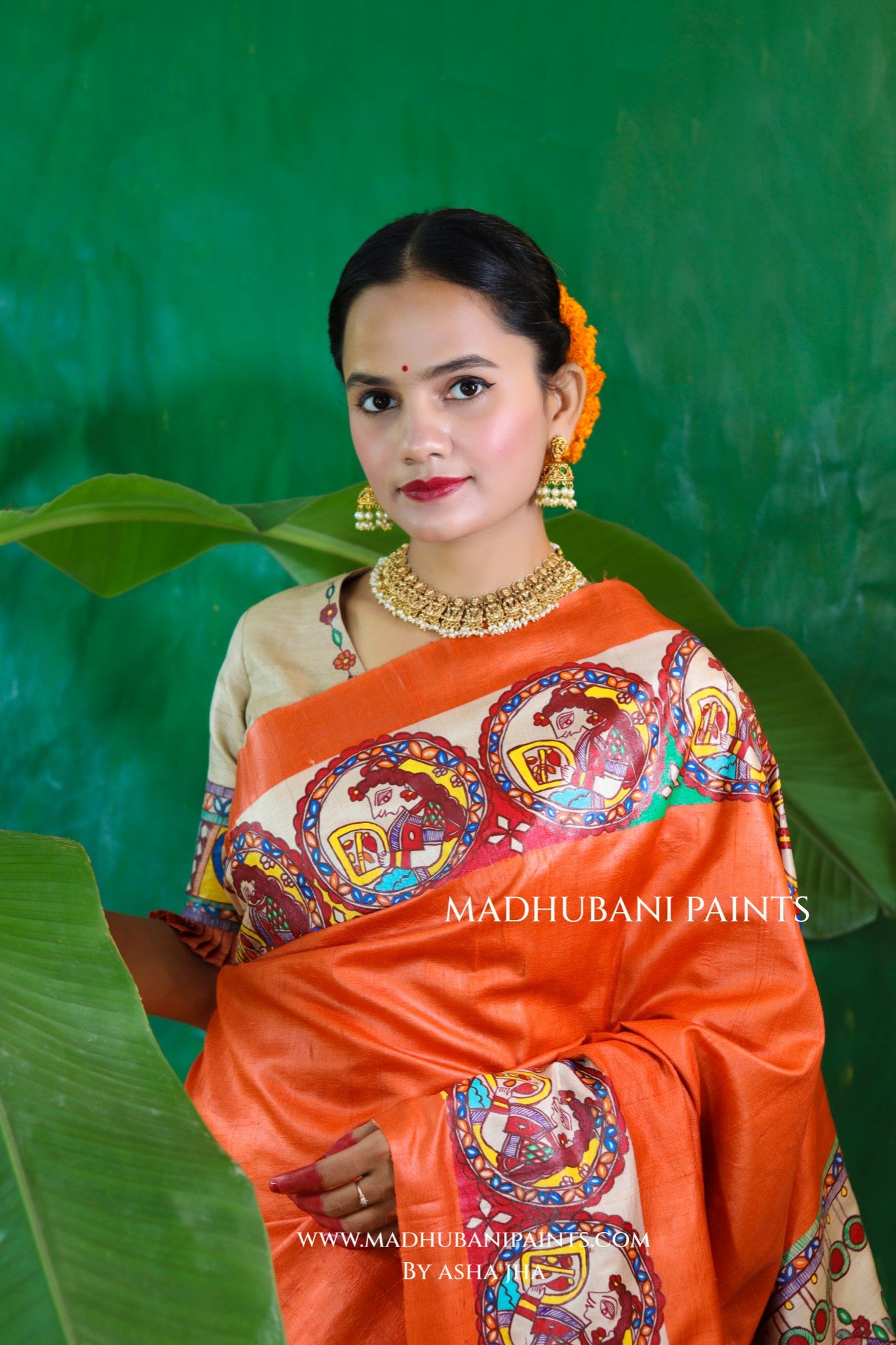 CHHATH PAWAN Handpainted Madhubani Tussar Silk Saree Blouse Set
