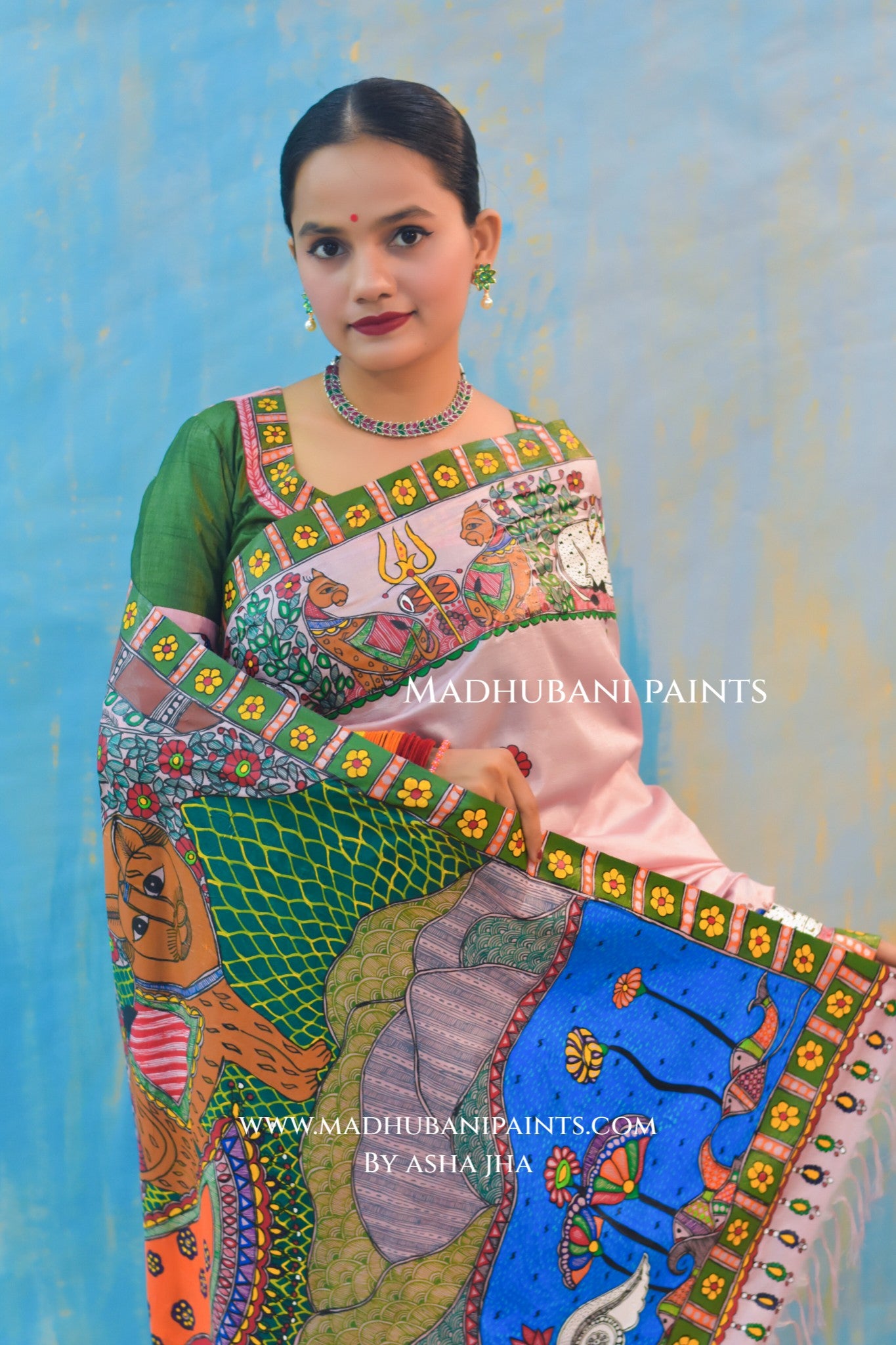 UMAMAHESHWAR ARDHNARISHWAR Hand-painted Madhubani Tussar Silk Saree Blouse Set