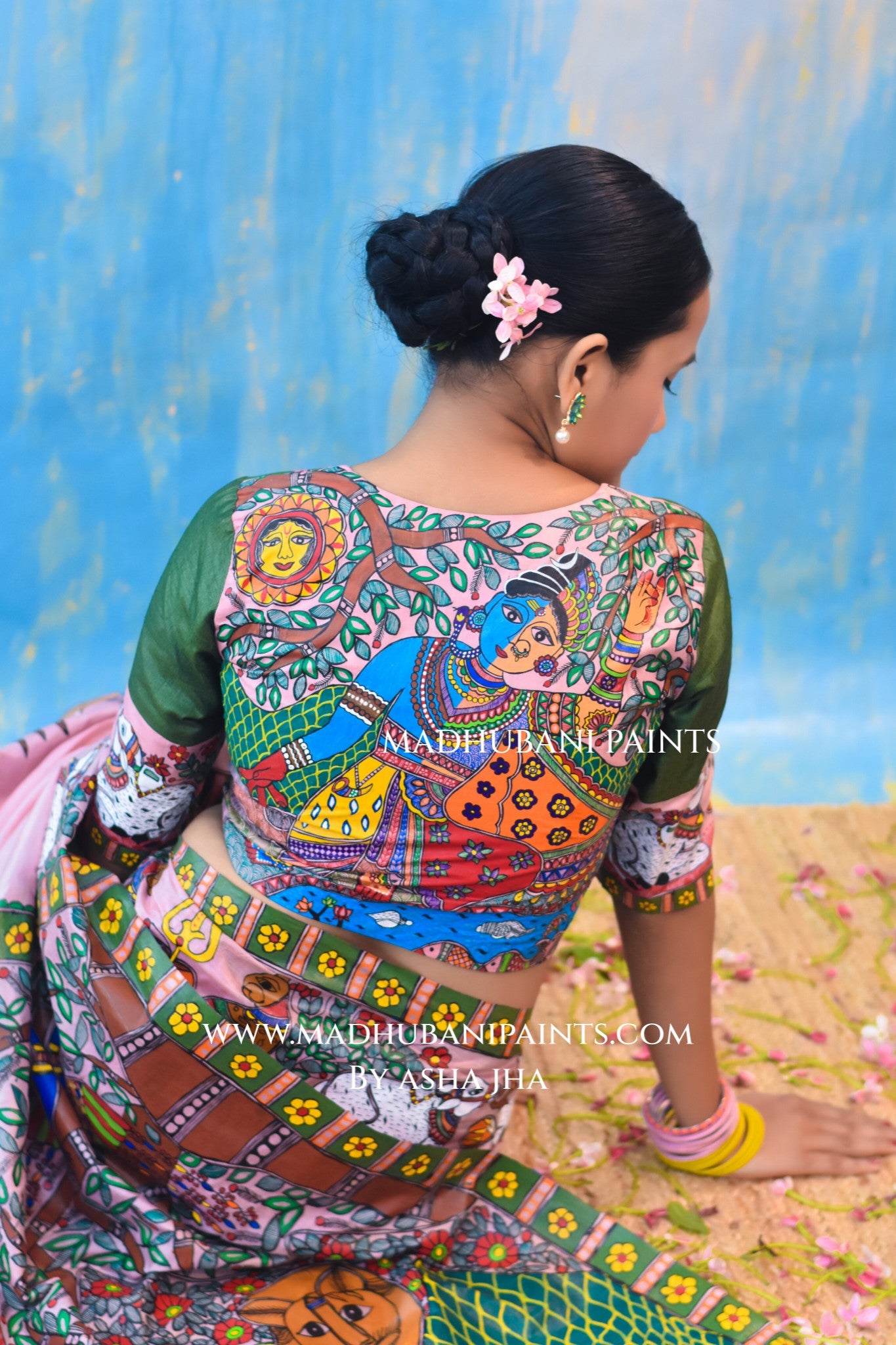 UMAMAHESHWAR ARDHNARISHWAR Hand-painted Madhubani Tussar Silk Saree Blouse Set