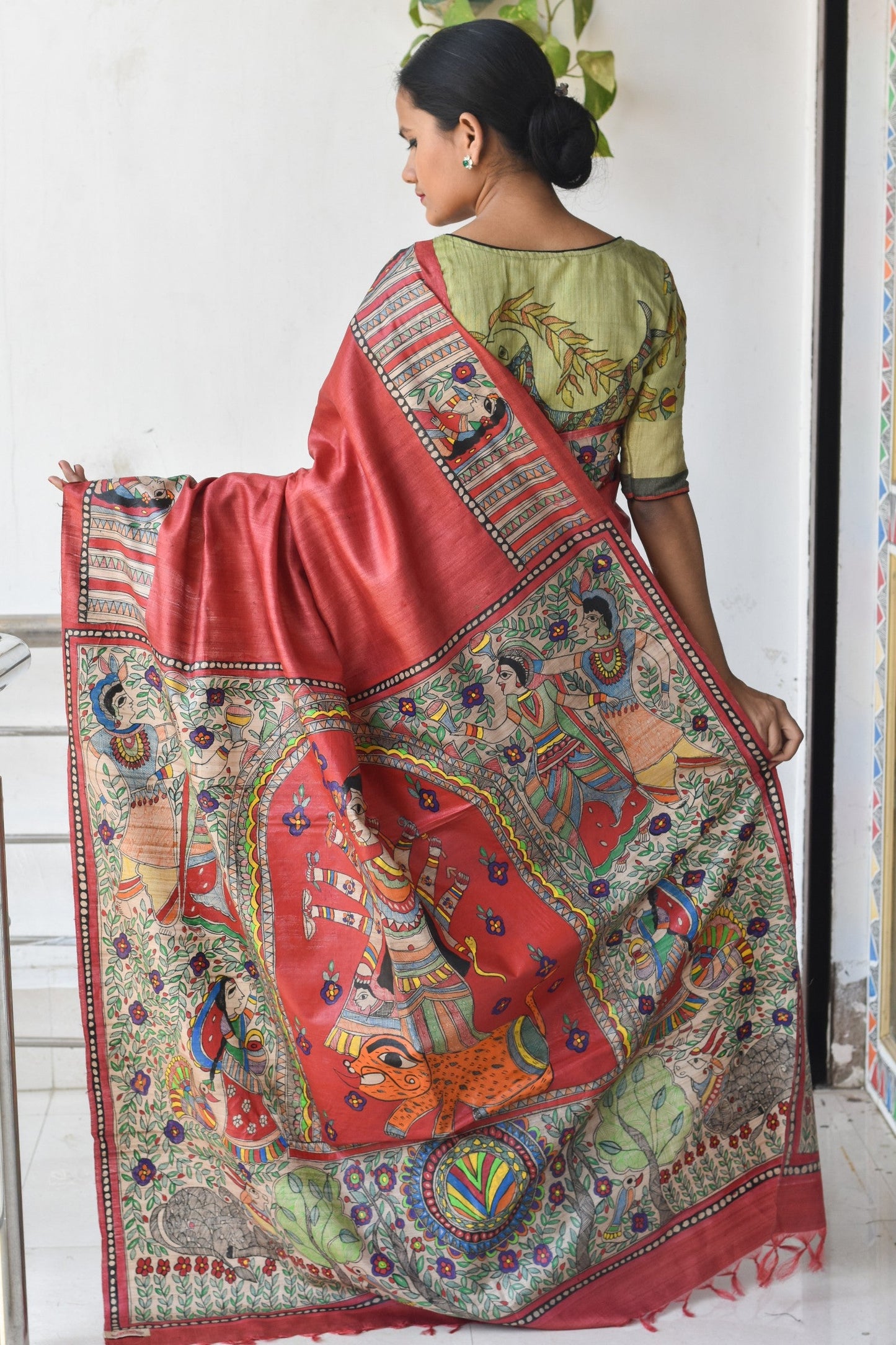Durga Red Hand Painted Madhubani Saree