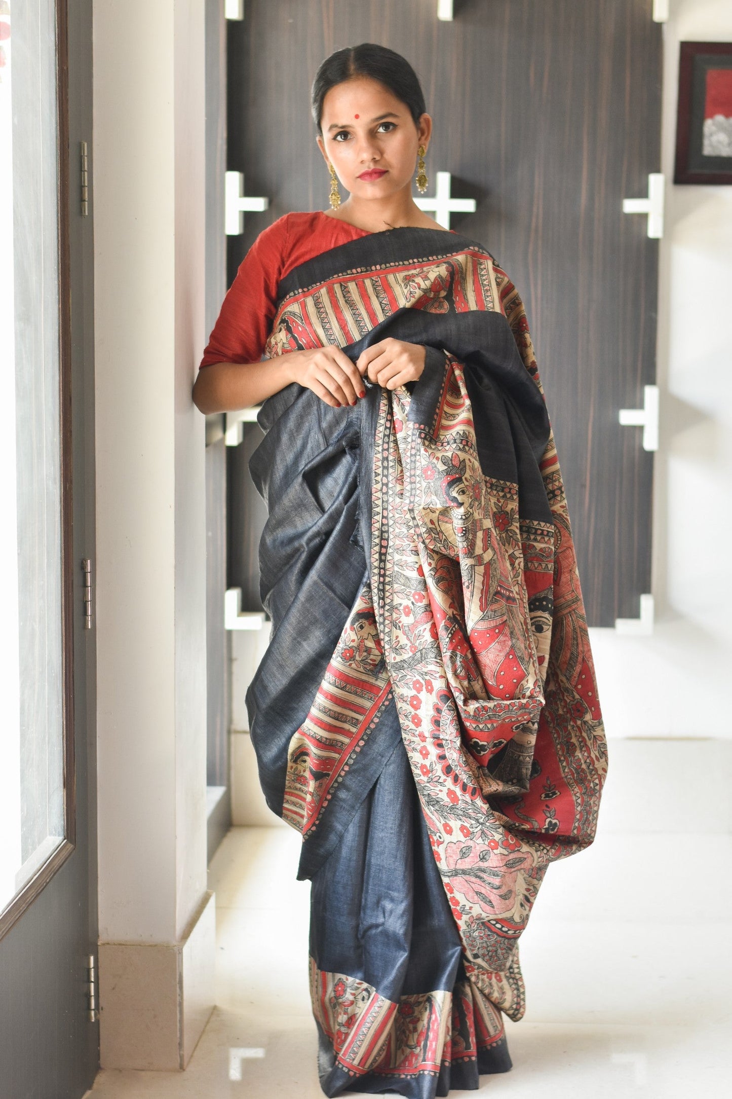 Maa Durga Tussar Madhubani Black Handpainted Saree