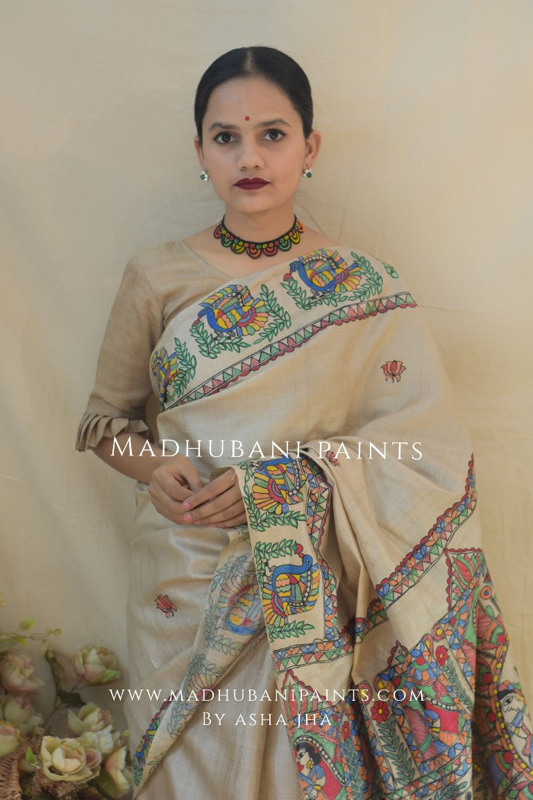 Gaon Ghar Doli Madhubani Handpainted Tussar Silk Saree