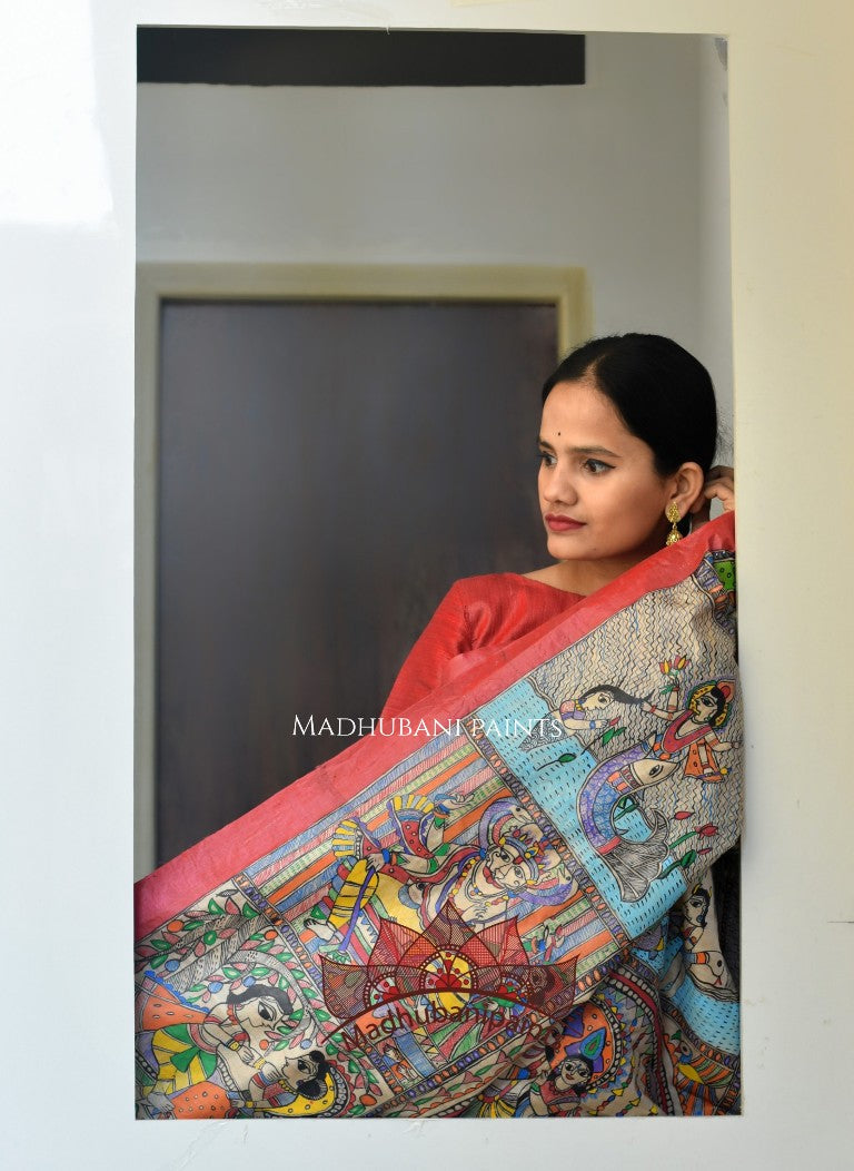 Madhubani Paints Vishnu Leela Hand Painted Saree