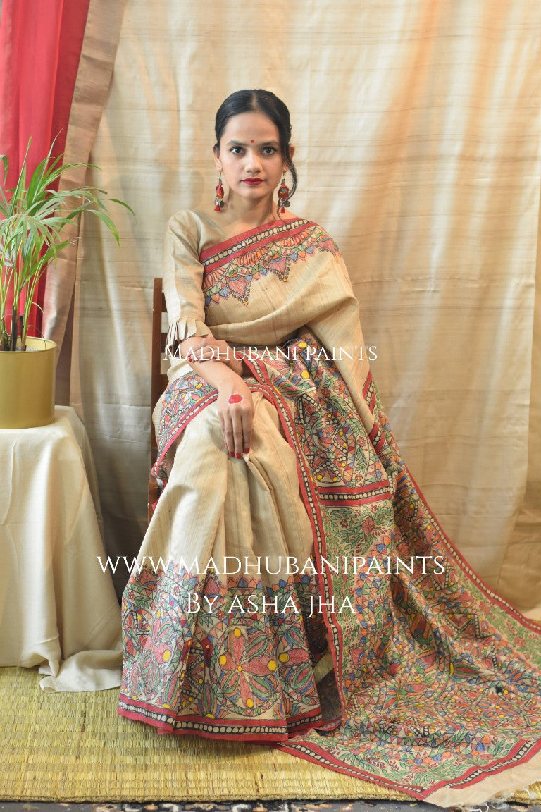 Saankh Leela Handpainted Madhubani Tussar Silk Saree