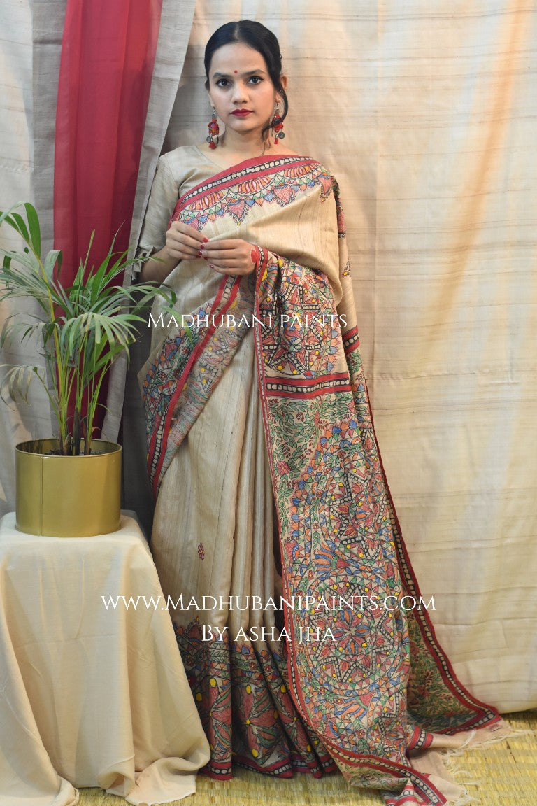 Saankh Leela Handpainted Madhubani Tussar Silk Saree