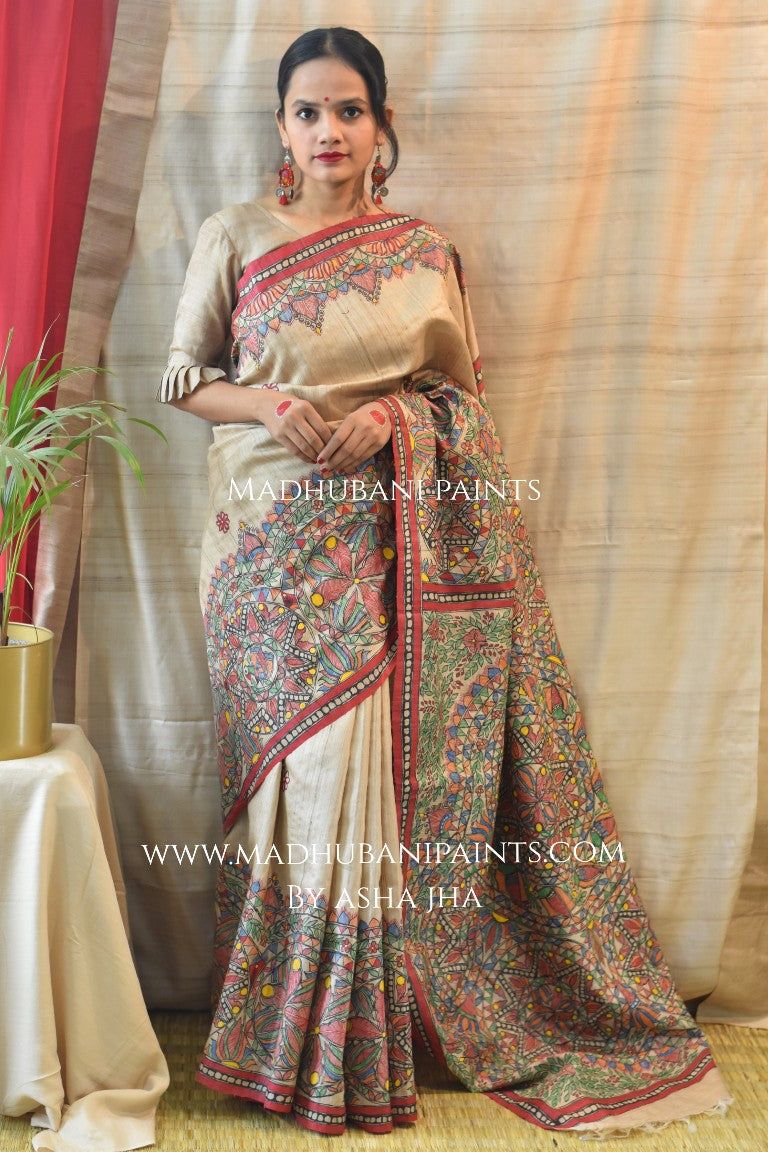Saankh Leela Handpainted Madhubani Tussar Silk Saree