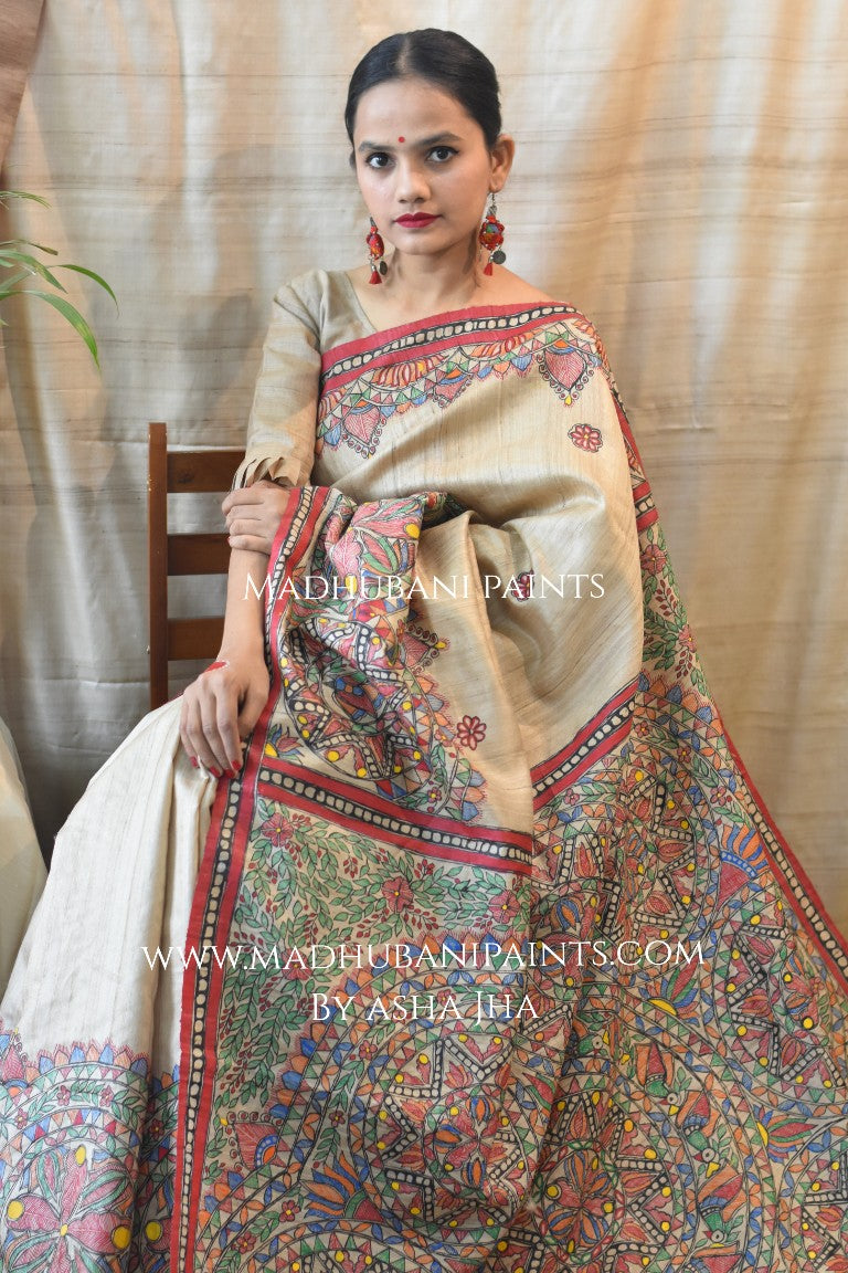 Saankh Leela Handpainted Madhubani Tussar Silk Saree