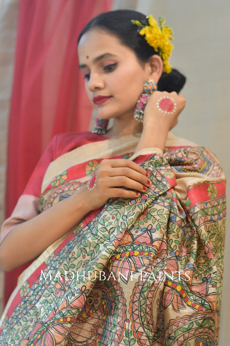 Peacock Tussar Madhubani Painted Saree