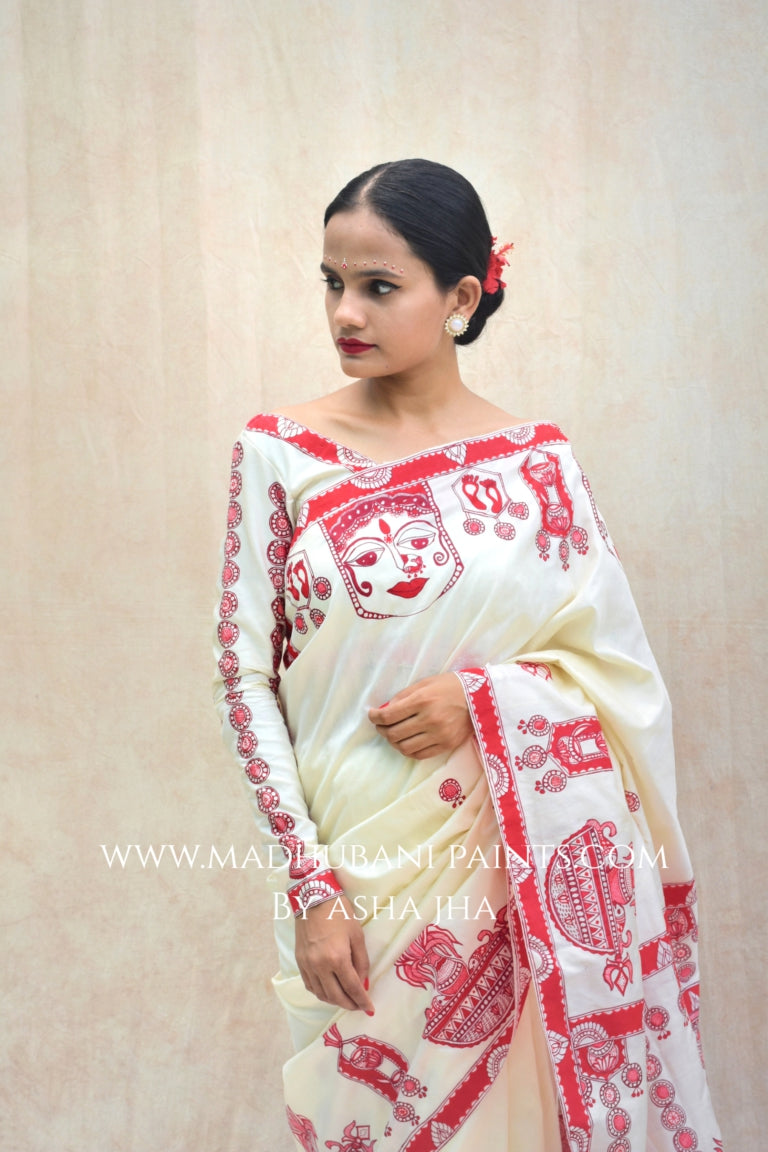 'BRAHMCHARINI' Handpainted Madhubani Bishnupuri Silk Saree Blouse Set