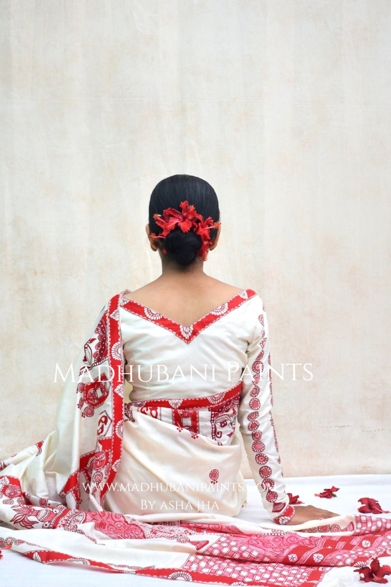 'BRAHMCHARINI' Handpainted Madhubani Bishnupuri Silk Saree Blouse Set