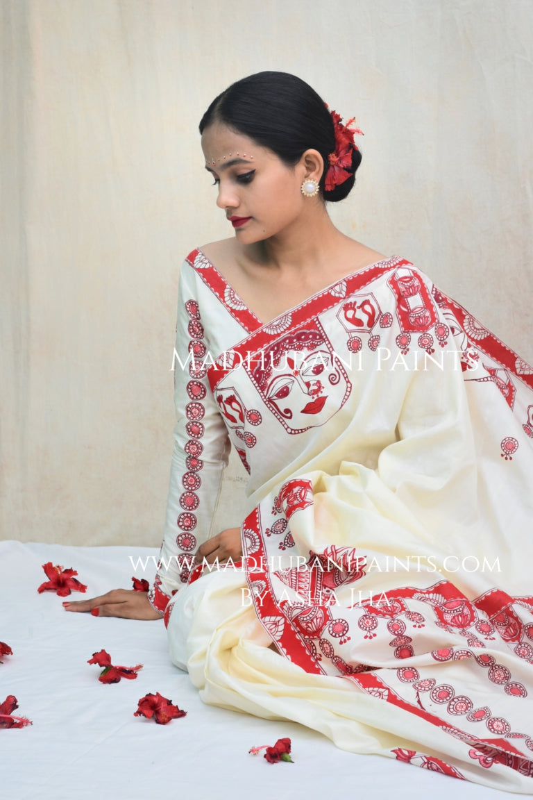 'BRAHMCHARINI' Handpainted Madhubani Bishnupuri Silk Saree Blouse Set