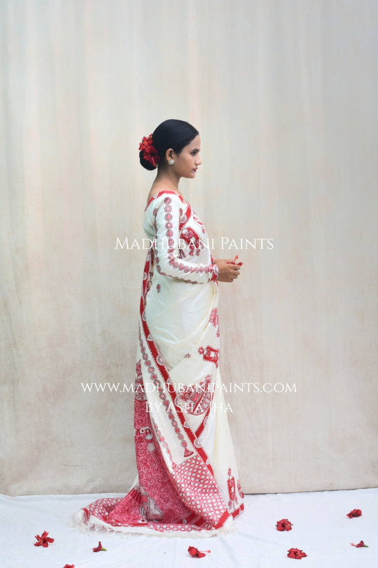 'BRAHMCHARINI' Handpainted Madhubani Bishnupuri Silk Saree Blouse Set