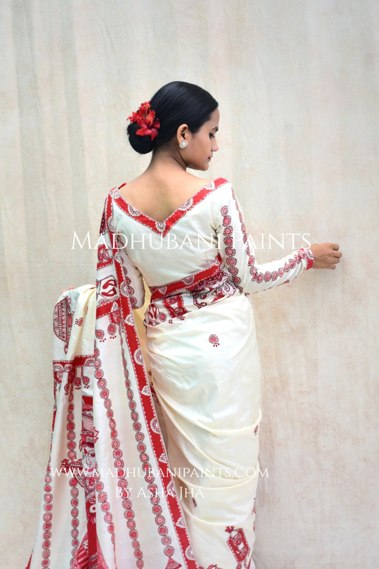 'BRAHMCHARINI' Handpainted Madhubani Bishnupuri Silk Saree Blouse Set