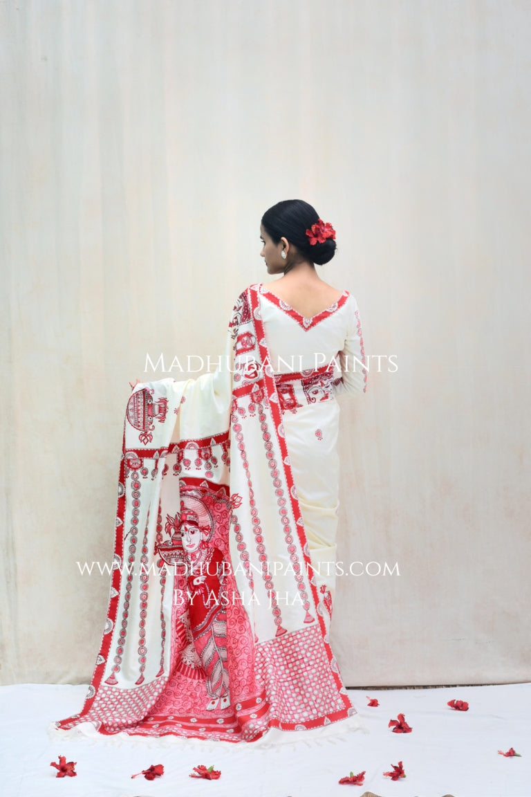 'BRAHMCHARINI' Handpainted Madhubani Bishnupuri Silk Saree Blouse Set