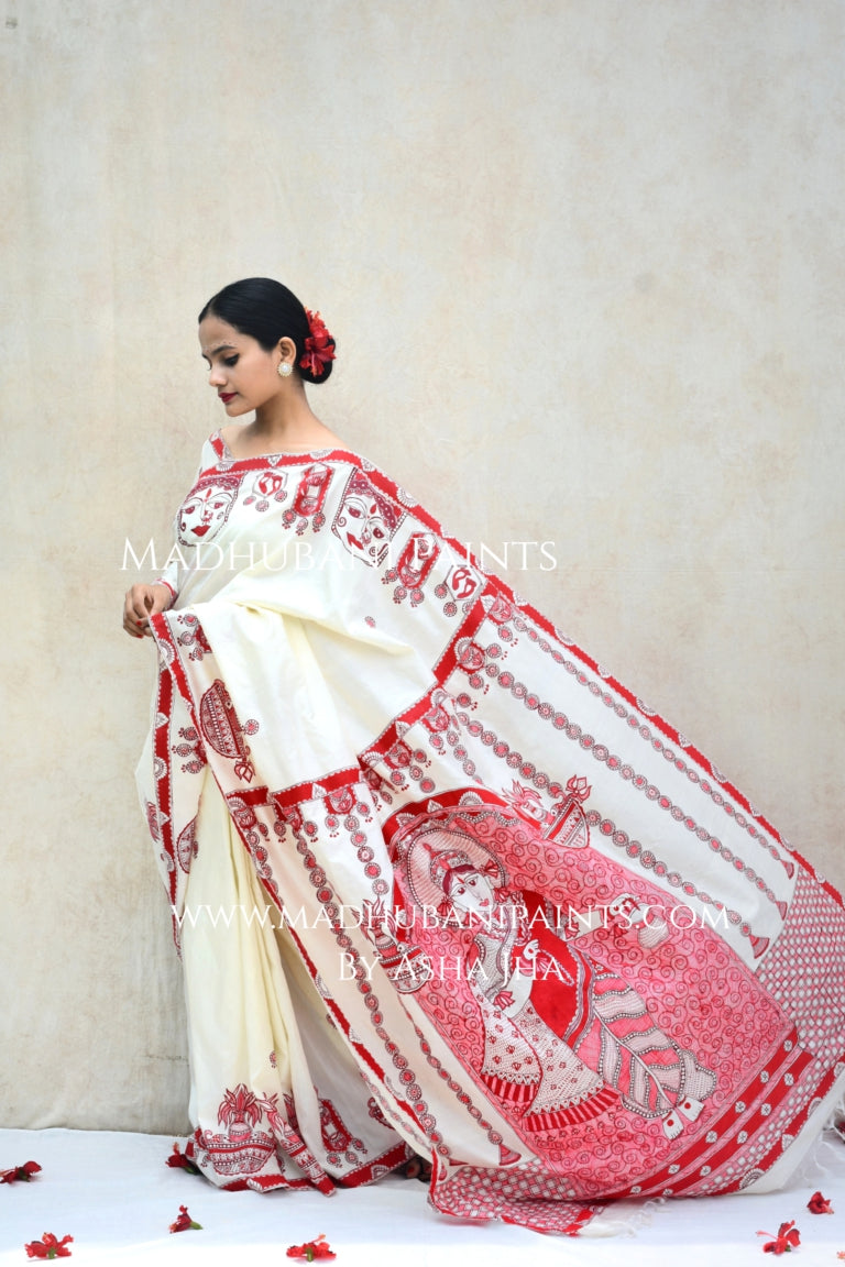'BRAHMCHARINI' Handpainted Madhubani Bishnupuri Silk Saree Blouse Set