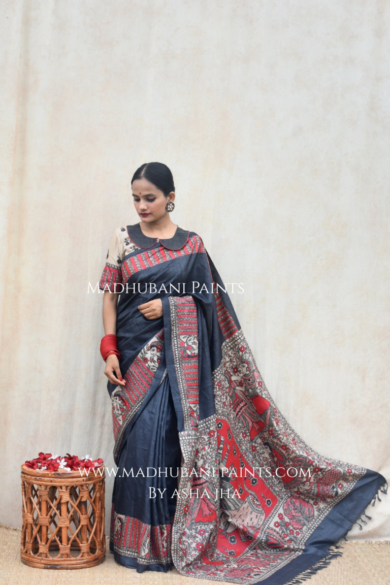 'SHATAKSHI' Handpainted Madhubani Tussar Silk Saree Blouse Set