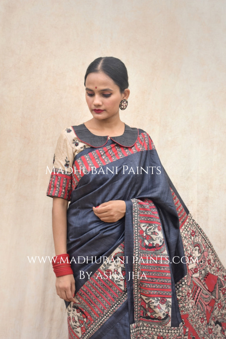 'SHATAKSHI' Handpainted Madhubani Tussar Silk Saree Blouse Set