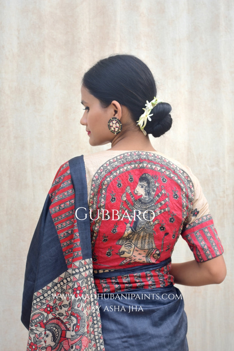 'SHATAKSHI' Handpainted Madhubani Tussar Silk Saree Blouse Set