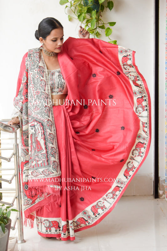 Navdurga Red Handpainted Madhubani Tussar Silk Saree  Blouse Set