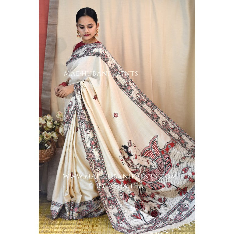 'MATSYA AVATAR' Handpainted Madhubani Tussar Silk Saree