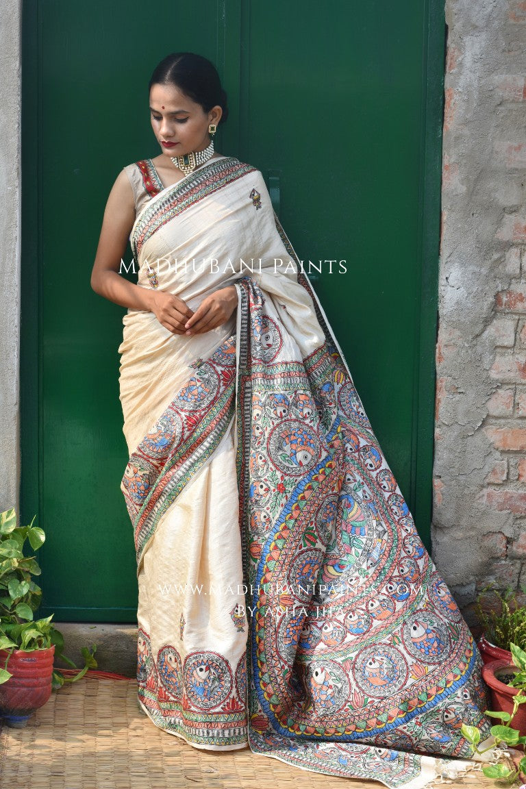 'MATSYA KACHNI' Handpainted Madhubani Tussar Silk Saree