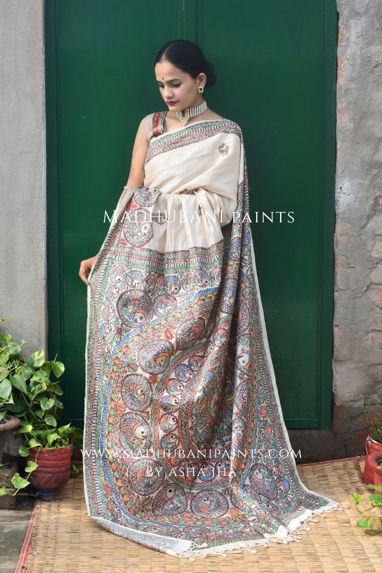 'MATSYA KACHNI' Handpainted Madhubani Tussar Silk Saree