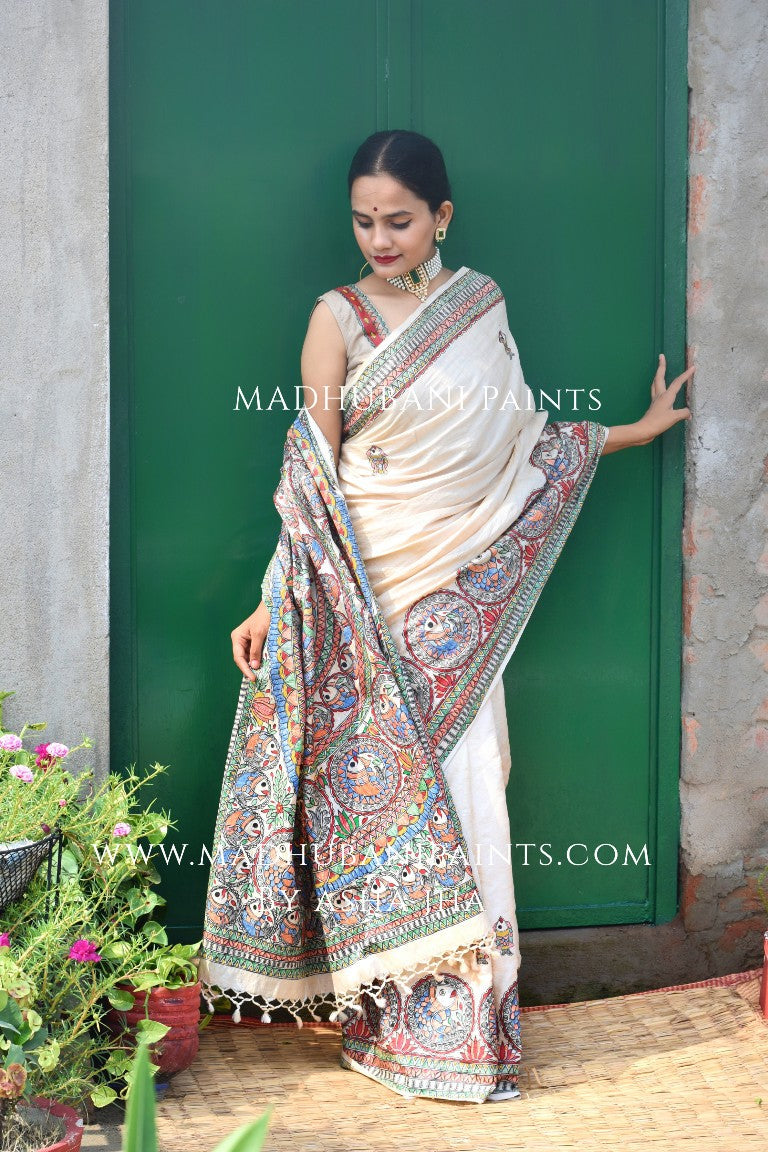 'MATSYA KACHNI' Handpainted Madhubani Tussar Silk Saree