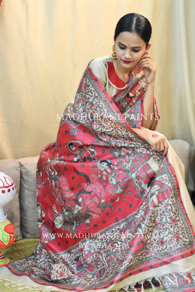 'MAHAGAURI' Handpainted Madhubani Tussar Silk Saree