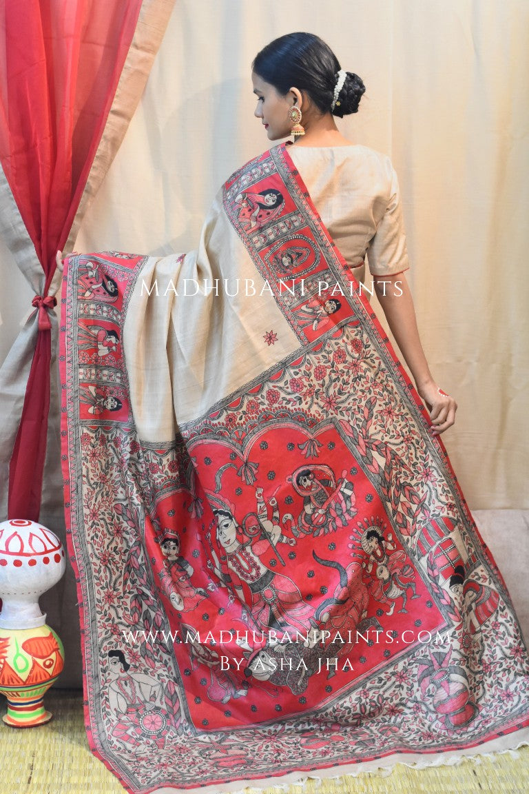'MAHAGAURI' Handpainted Madhubani Tussar Silk Saree