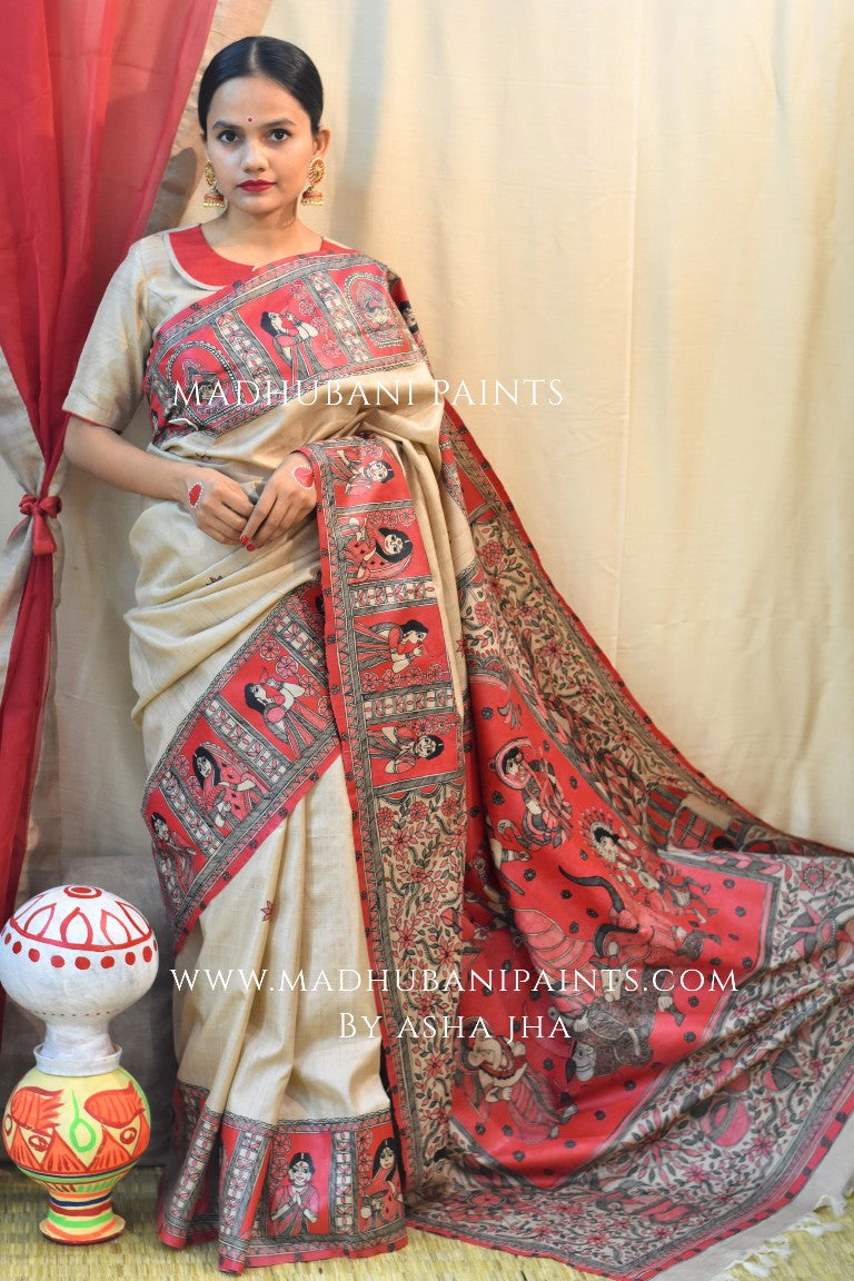 'MAHAGAURI' Handpainted Madhubani Tussar Silk Saree